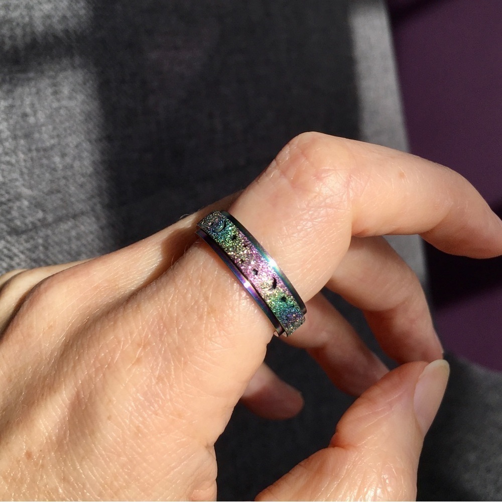 Glitter Moon + Stars Spinner Fidget Ring, Silver, Holographic Rainbow, Size 9